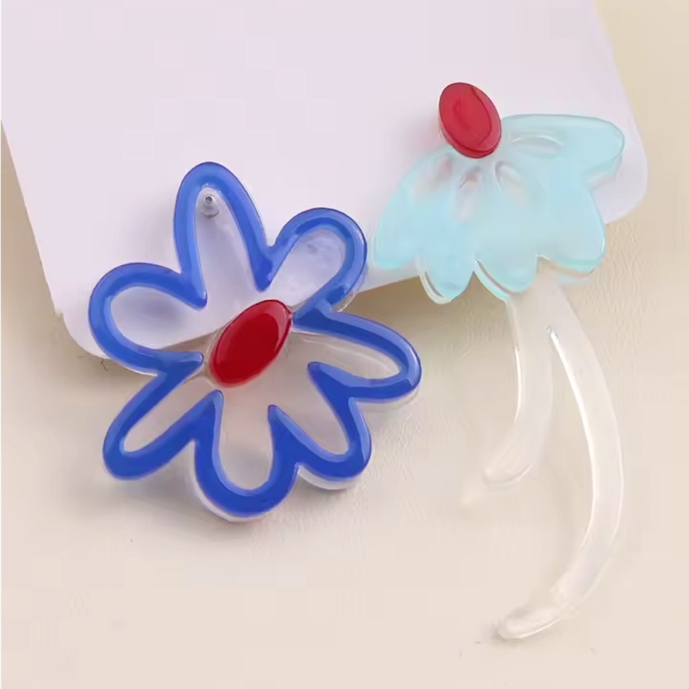 Acrylic Resin Flower Asymmetrical Earrings Art to Wear Blue - Picture 2 of 4